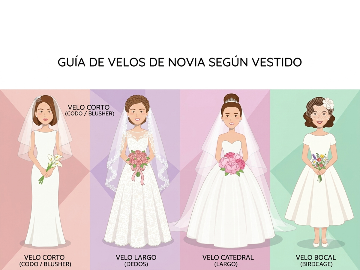 Comparativa de diferentes largos de velo de novia según el tipo de vestido